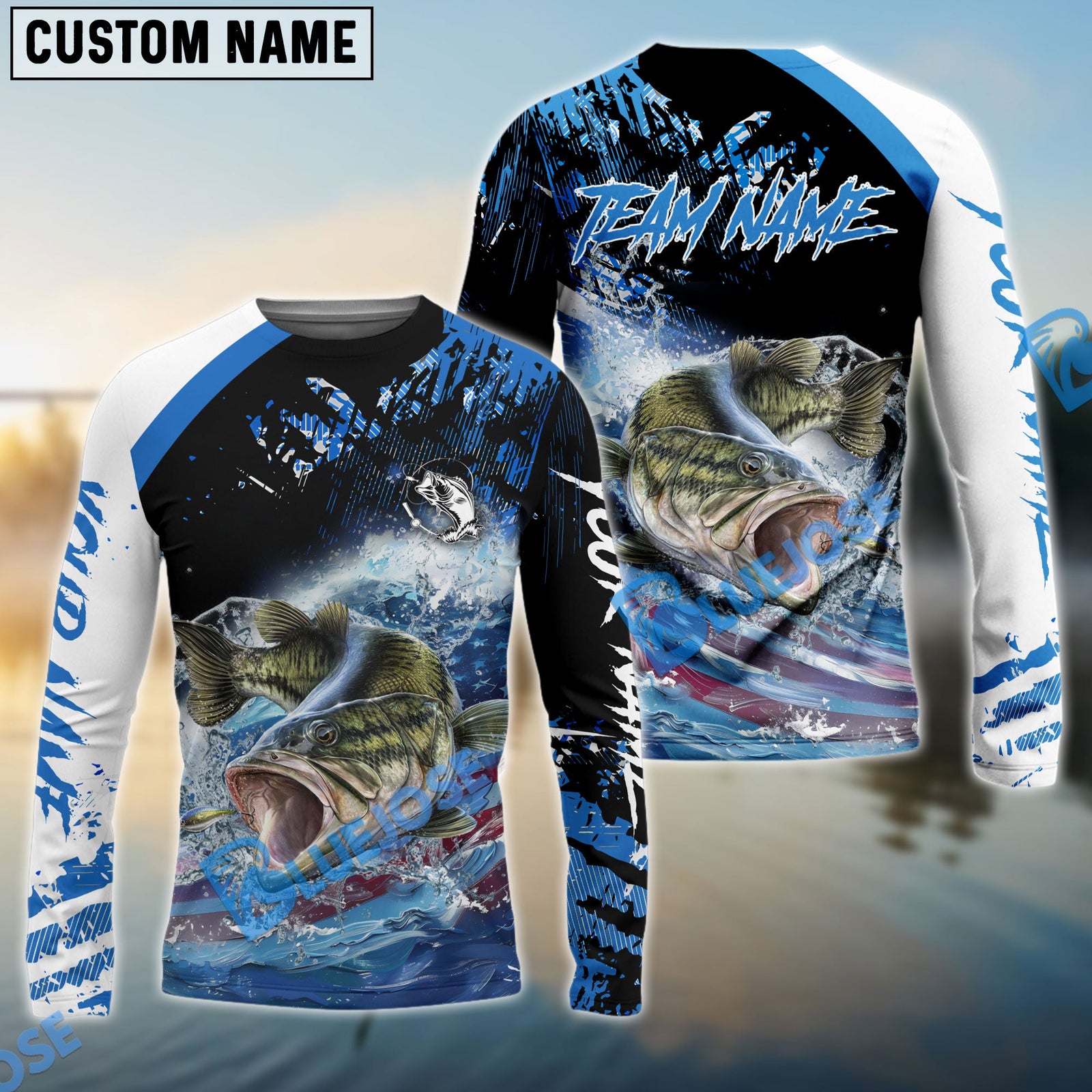 Bluejose Bass Fishing American Flag Blue Seawave Custom Name & Team Name 3D Shirts