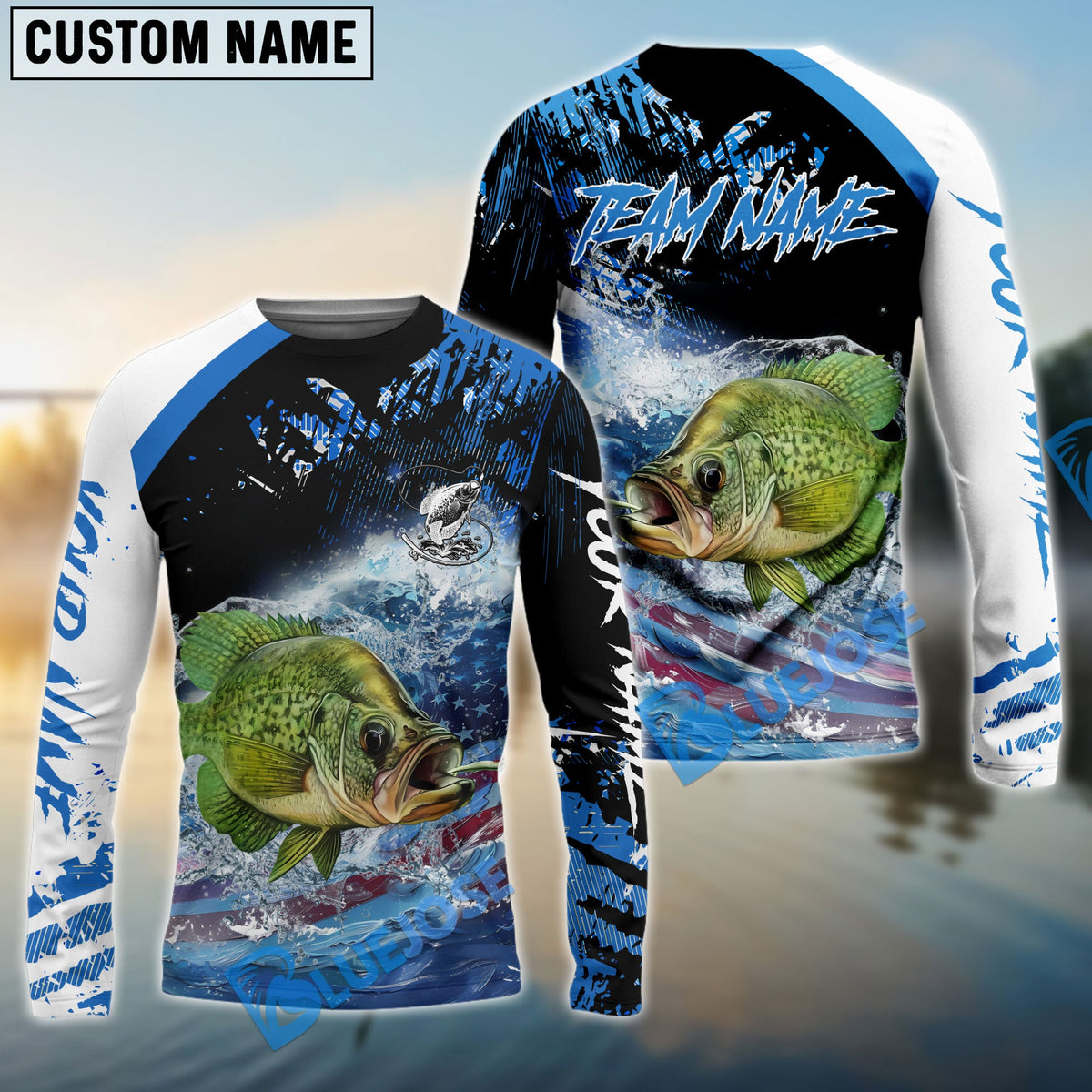 Bluejose Crappie Fishing American Flag Blue Seawave Custom Name &amp; Team Name 3D Shirts