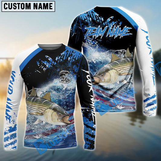 Bluejose Striped Bass Fishing American Flag Blue Seawave Custom Name & Team Name 3D Shirts