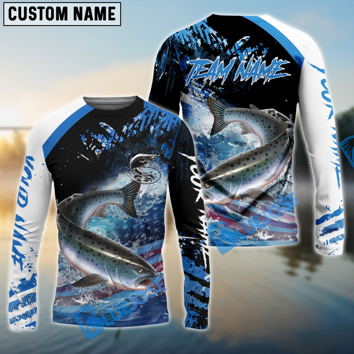 Bluejose Salmon Fishing American Flag Blue Seawave Custom Name &amp; Team Name 3D Shirts