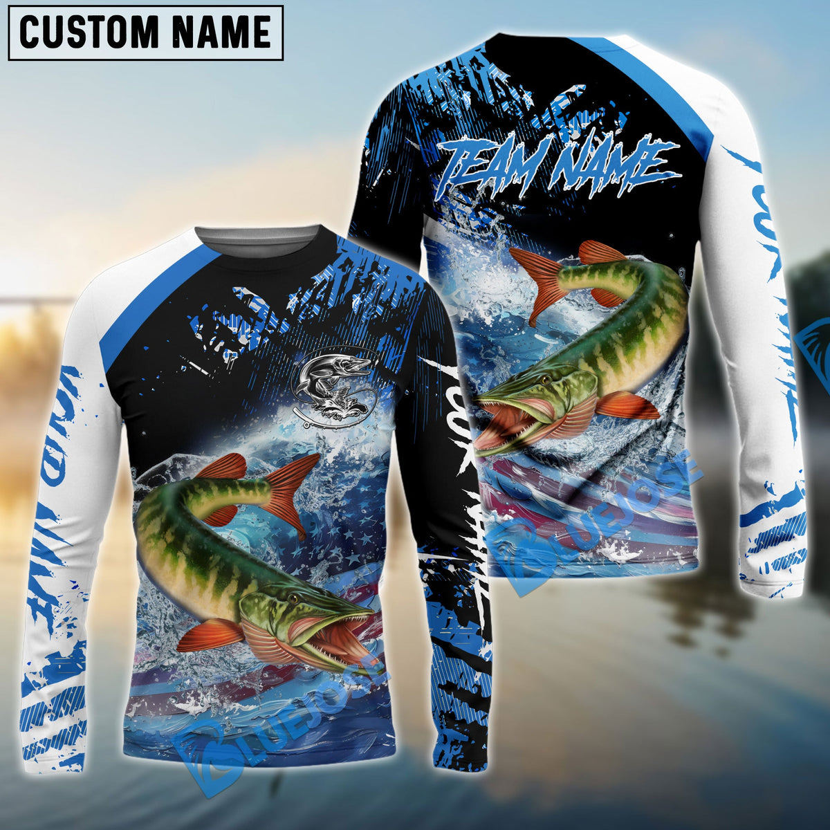 Bluejose Pike Fishing American Flag Blue Seawave Custom Name &amp; Team Name 3D Shirts