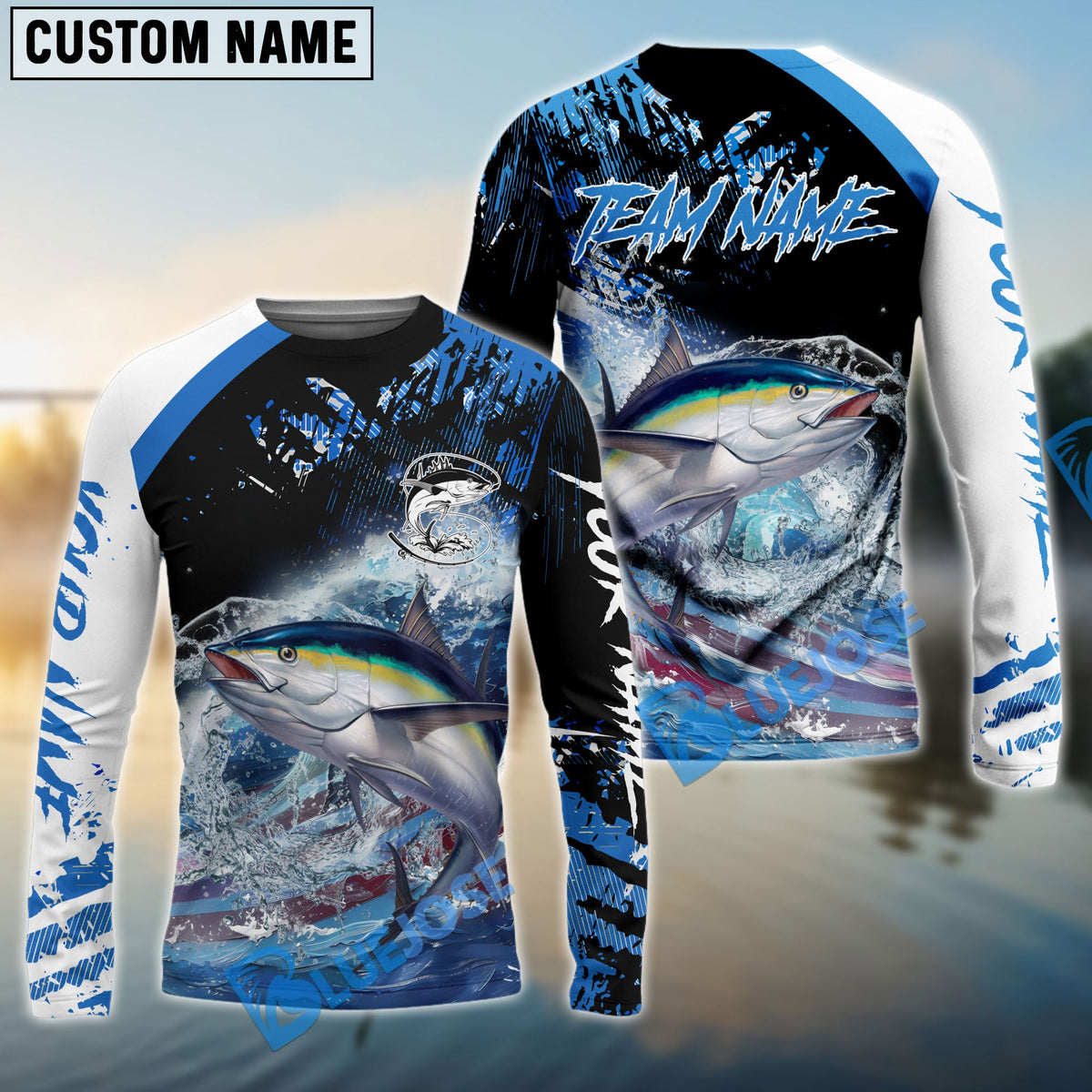 Bluejose Tuna Fishing American Flag Blue Seawave Custom Name &amp; Team Name 3D Shirts