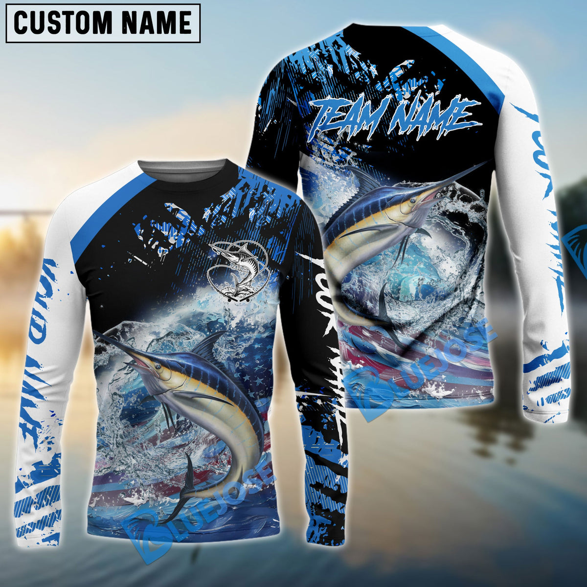 Bluejose Marlin Fishing American Flag Blue Seawave Custom Name &amp; Team Name 3D Shirts