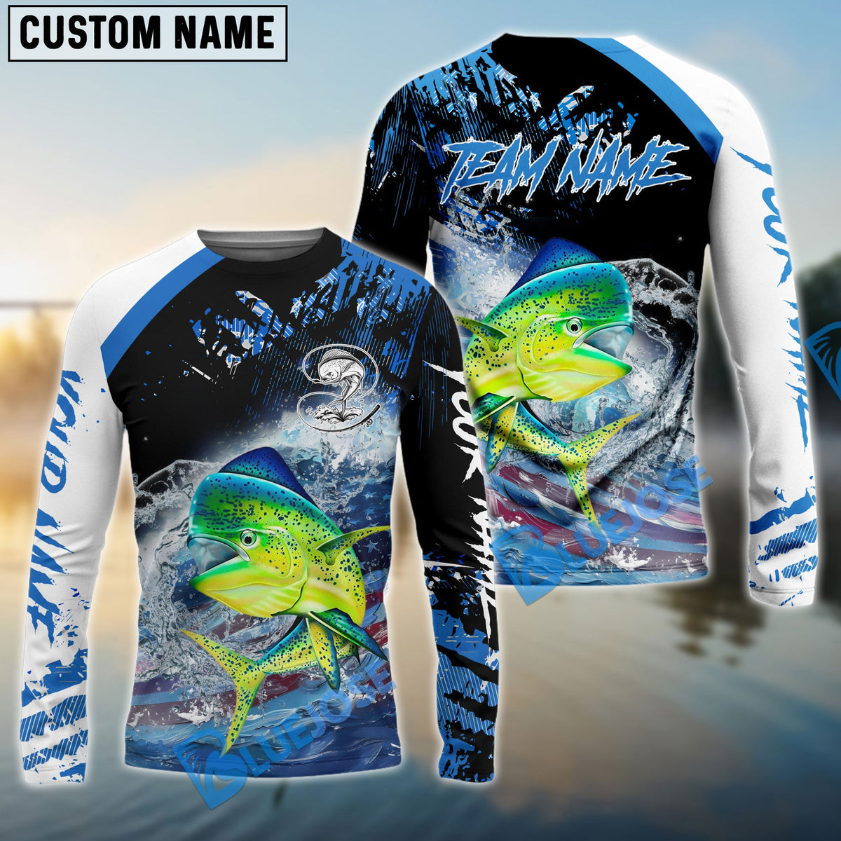 Bluejose Mahi Mahi Fishing American Flag Blue Seawave Custom Name &amp; Team Name 3D Shirts