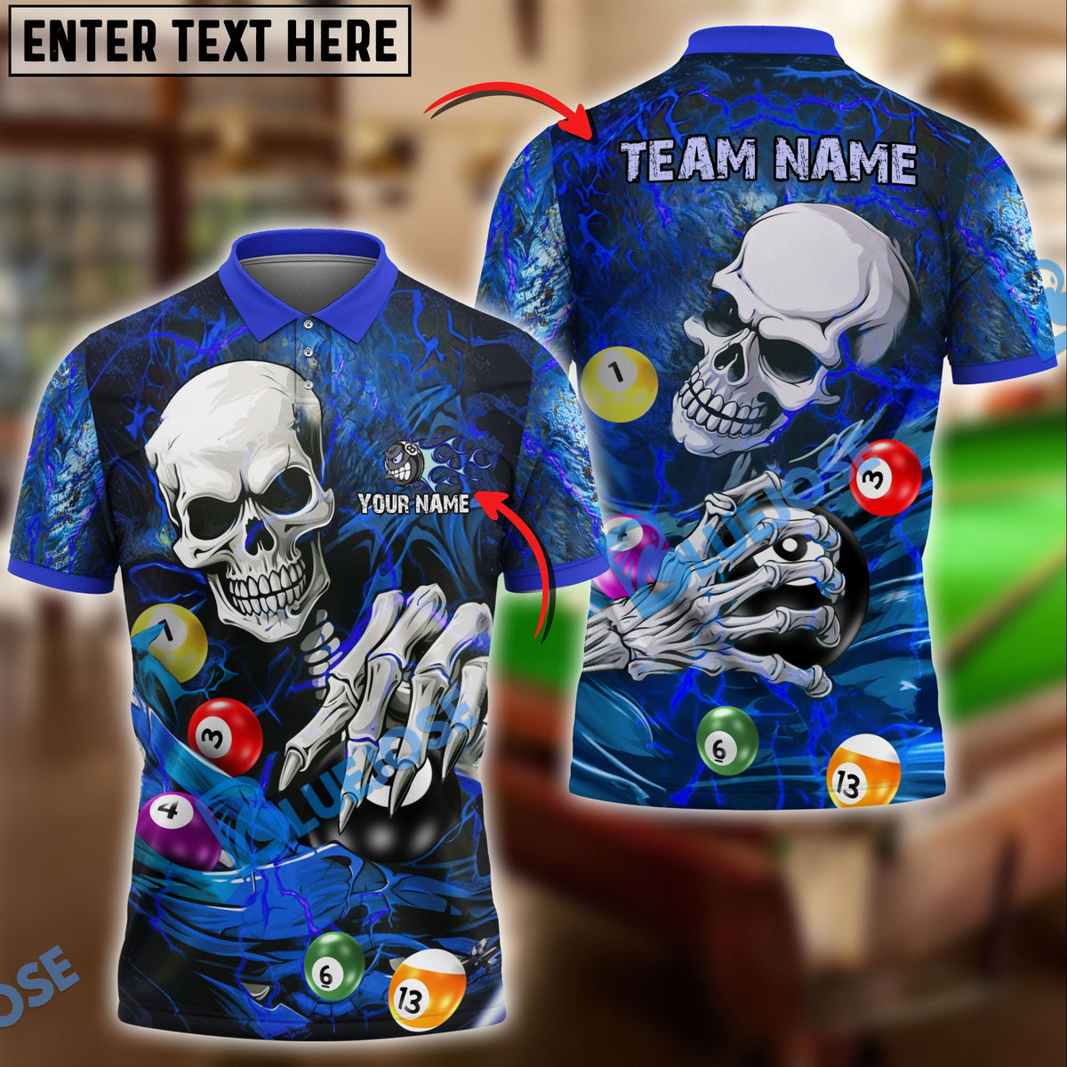 BlueJose Billiards Ball 8 Skull Lightning Personalized Name &amp; Team Name Shirt (4 Colors)