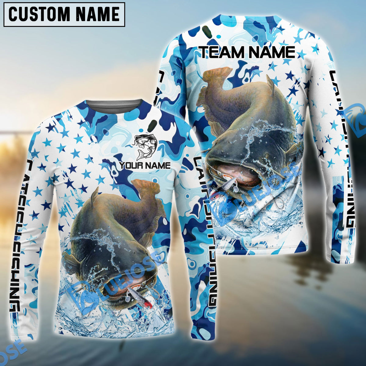 Bluejose Catfish Fishing Blue White American Flag Custom Name &amp; Team Name 3D Shirts