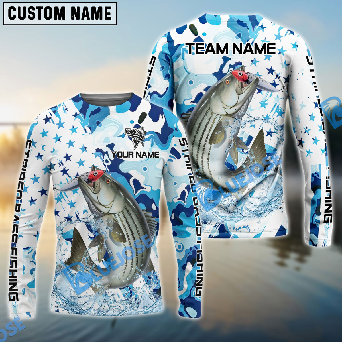 Bluejose Striped Bass Fishing Blue White American Flag Custom Name &amp; Team Name 3D Shirts