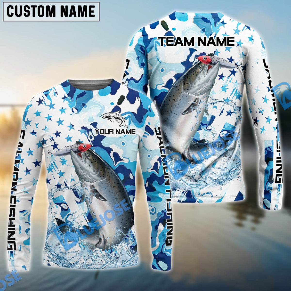 Bluejose Salmon Fishing Blue White American Flag Custom Name &amp; Team Name 3D Shirts
