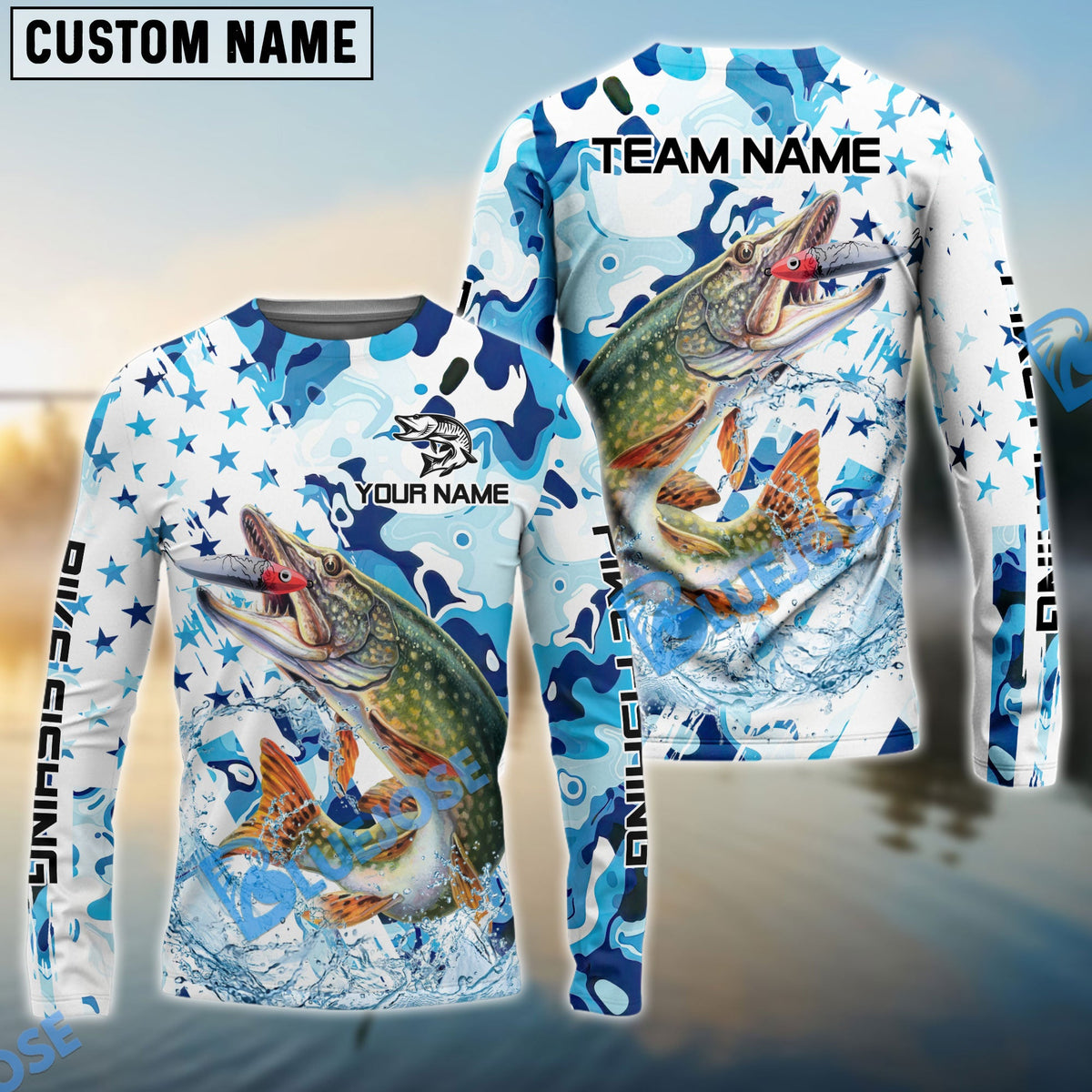 Bluejose Pike Fishing Blue White American Flag Custom Name &amp; Team Name 3D Shirts
