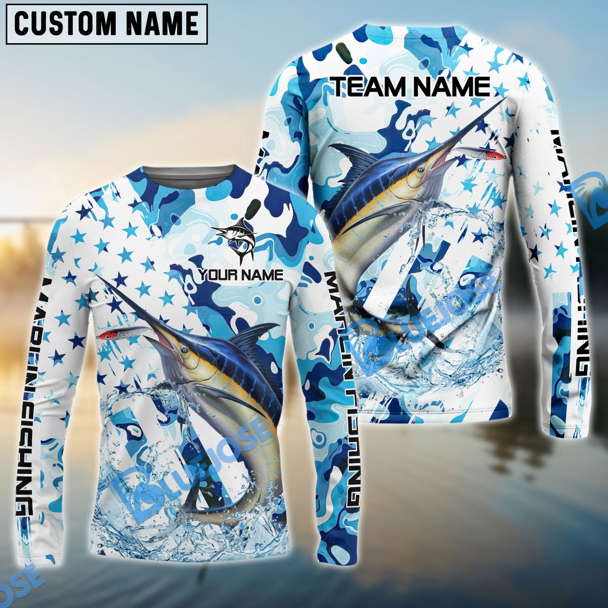 Bluejose Marlin Fishing Blue White American Flag Custom Name &amp; Team Name 3D Shirts