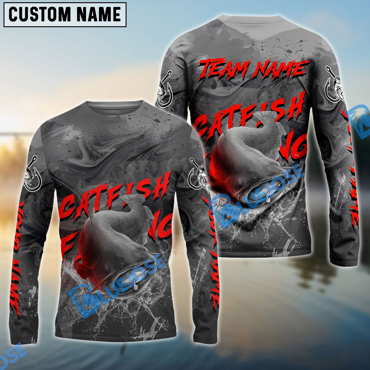 Bluejose Catfish Fishing Red Gray Blur Custom Name &amp; Team Name 3D Shirts