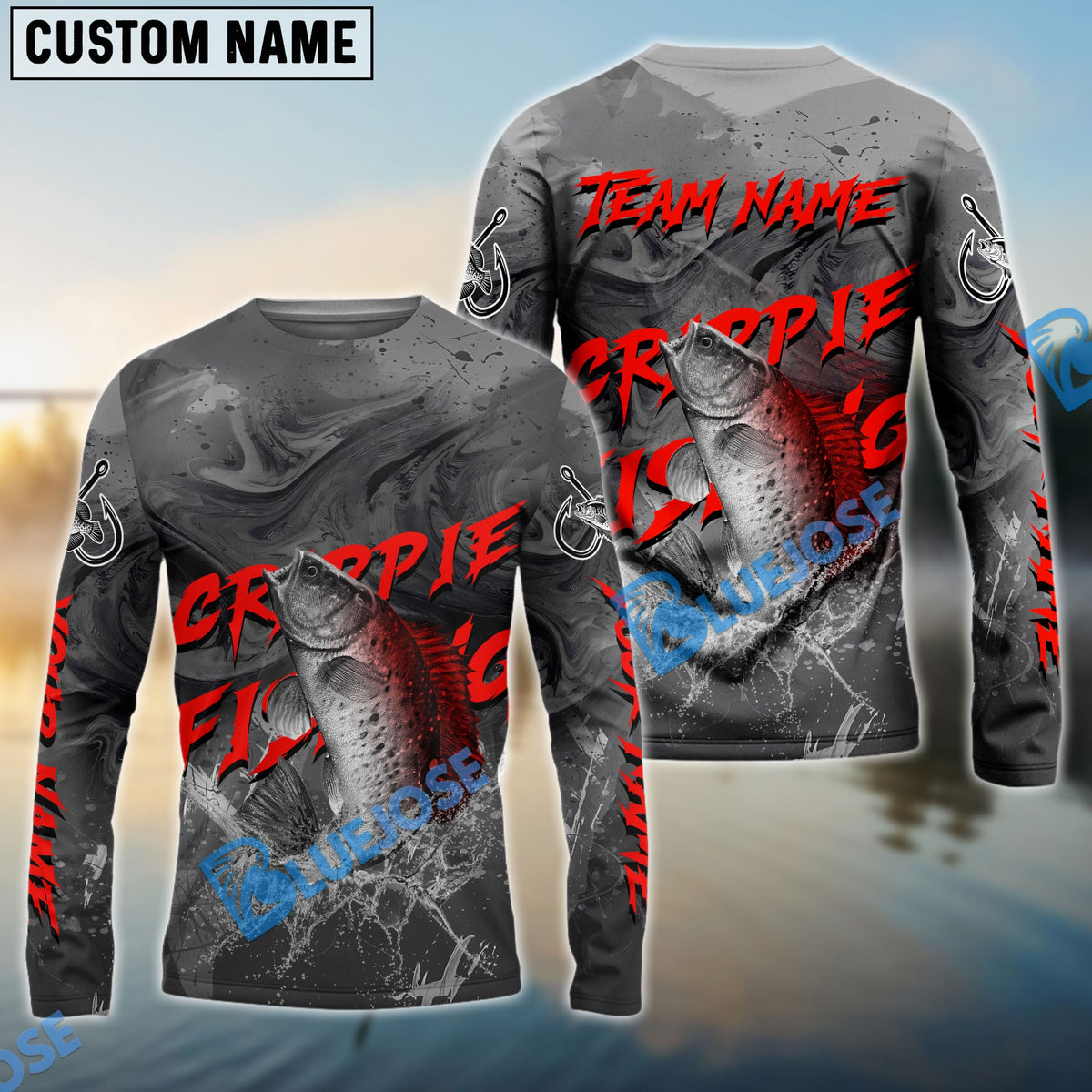 Bluejose Crappie Fishing Red Gray Blur Custom Name &amp; Team Name 3D Shirts