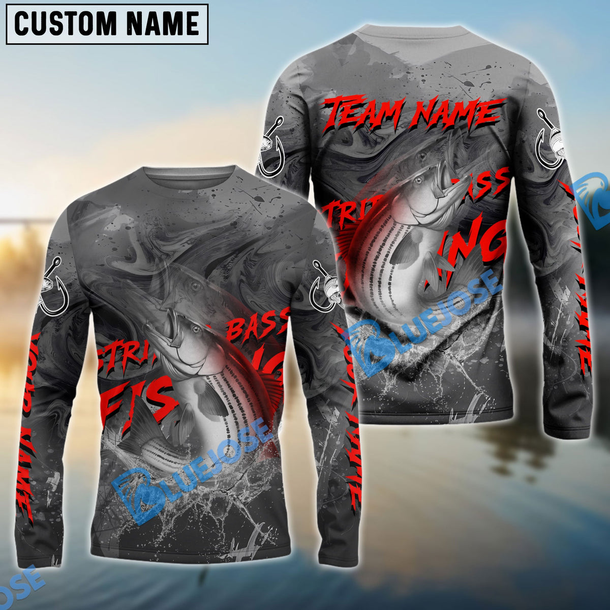 Bluejose Striped Bass Fishing Red Gray Blur Custom Name &amp; Team Name 3D Shirts