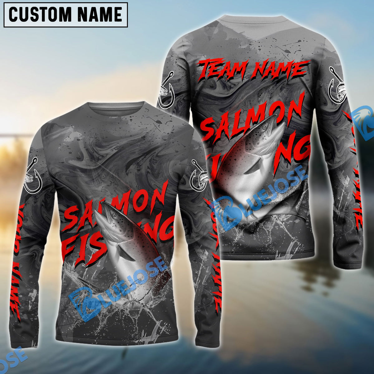 Bluejose Salmon Fishing Red Gray Blur Custom Name &amp; Team Name 3D Shirts