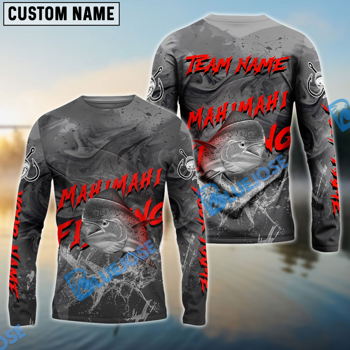 Bluejose Mahimahi Fishing Red Gray Blur Custom Name &amp; Team Name 3D Shirts