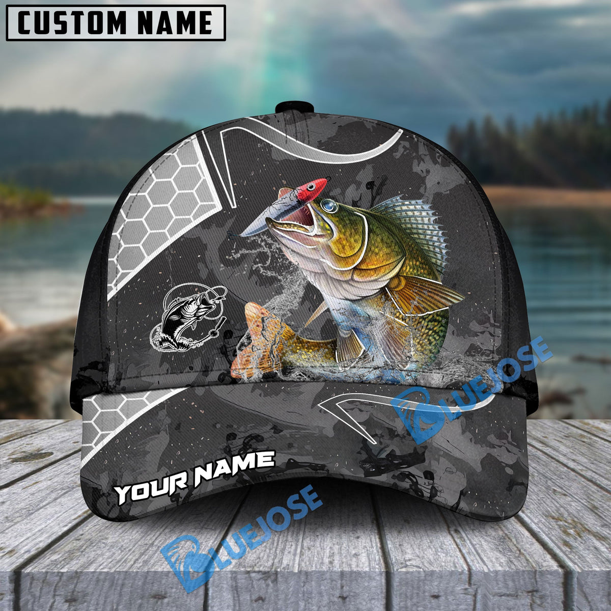 BlueJose Walleye Fishing Gray Camo Sport Personalized Cap