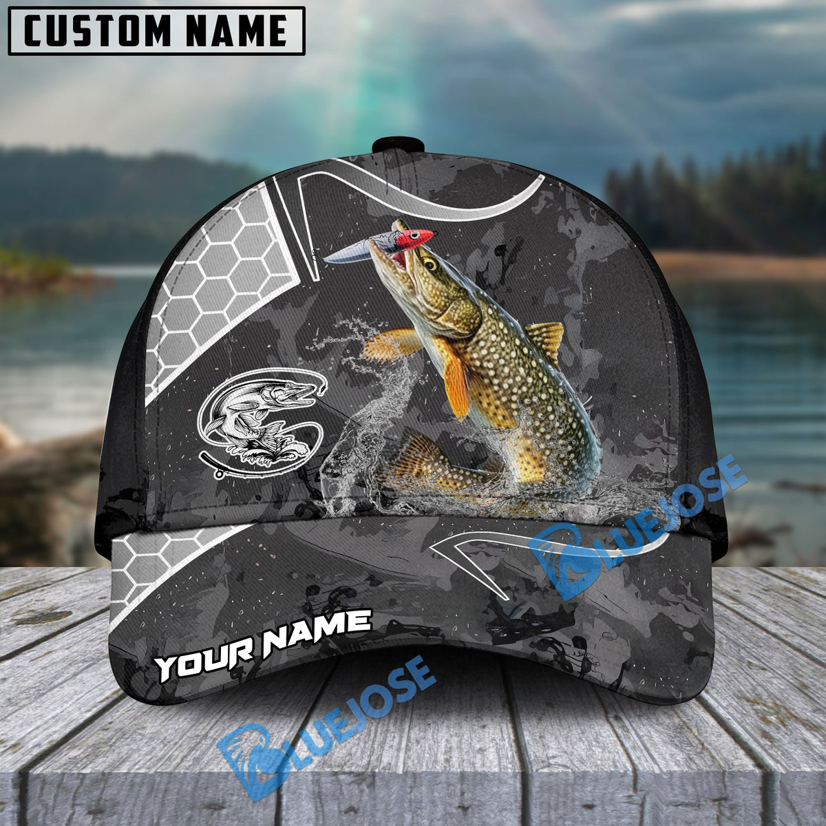 BlueJose Pike Fishing Gray Camo Sport Personalized Cap