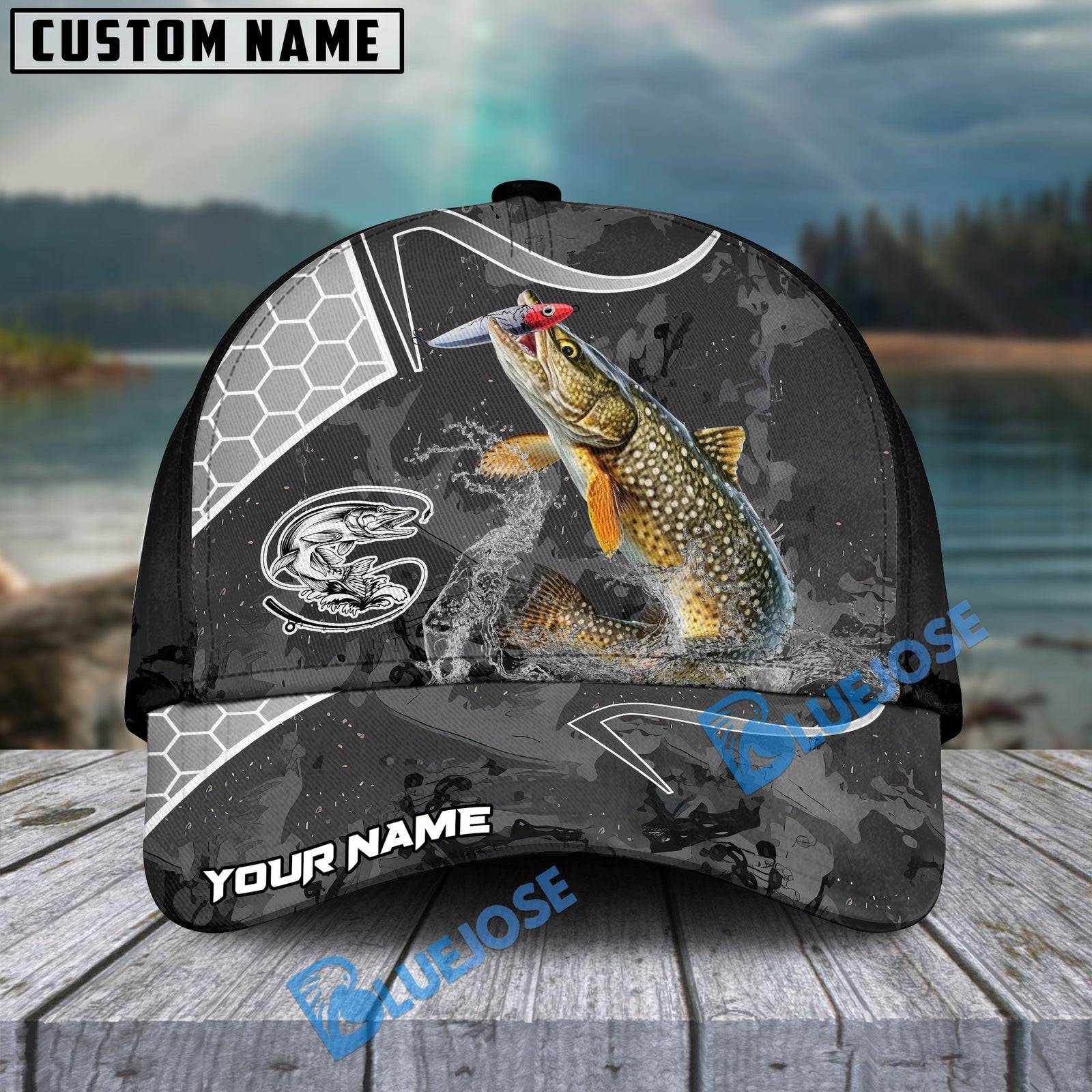 BlueJose Pike Fishing Gray Camo Sport Personalized Cap