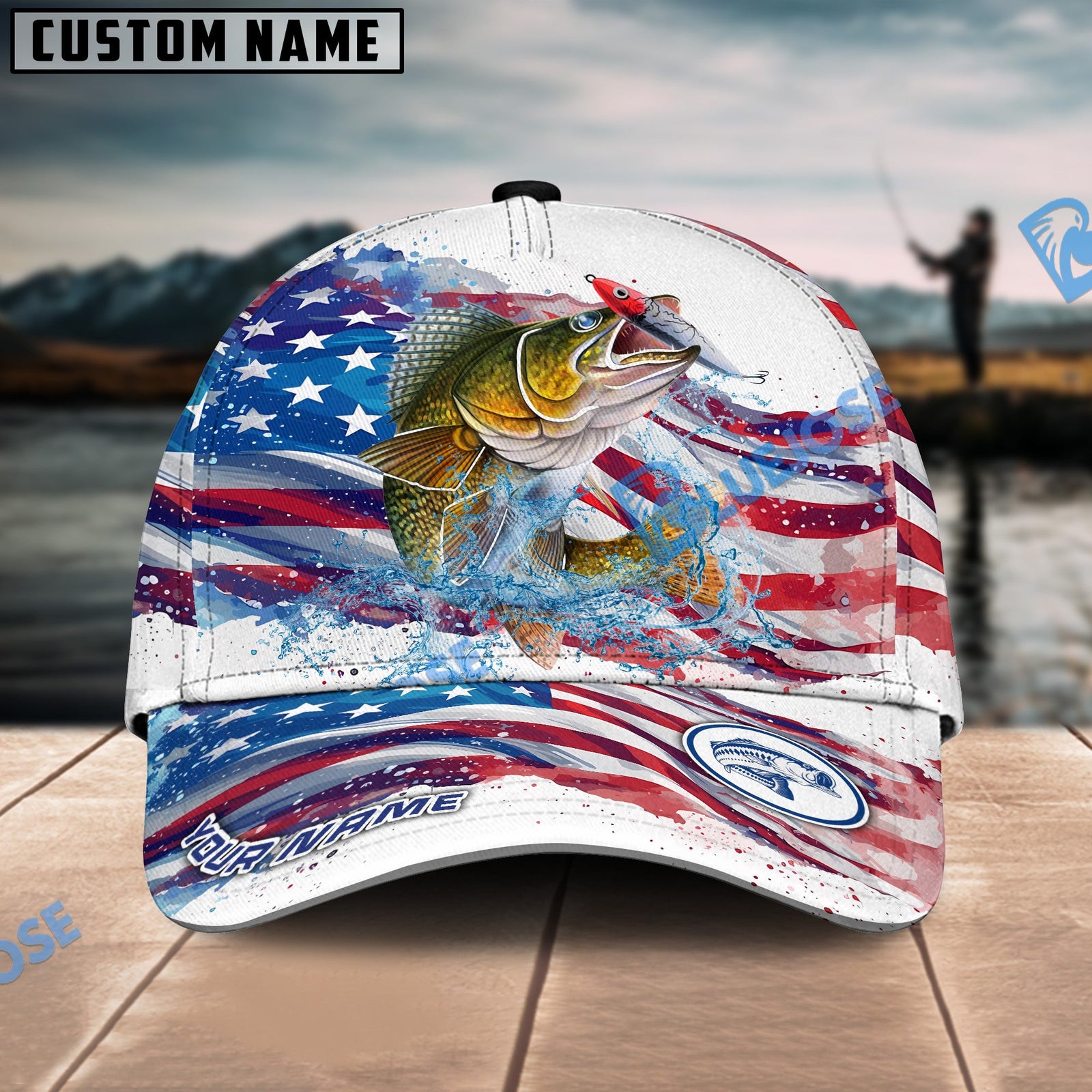 BlueJose Walleye Fishing Watercolor USA Flag Personalized Cap