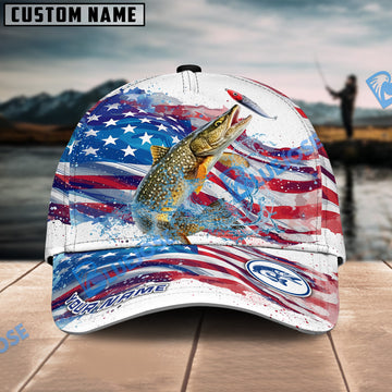 BlueJose Pike Fishing Watercolor USA Flag Personalized Cap