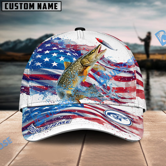 BlueJose Pike Fishing Watercolor USA Flag Personalized Cap