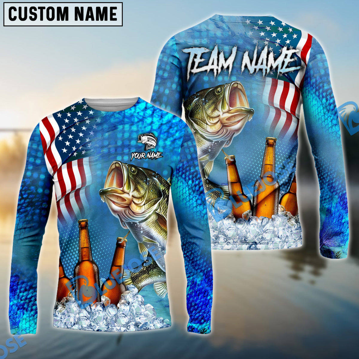 Bluejose Bass Fishing Beer USA Flag Custom Name &amp; Team Name Shirts
