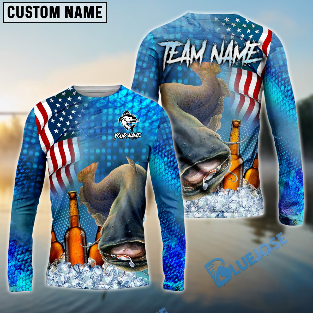Bluejose Catfish Fishing Beer USA Flag Custom Name &amp; Team Name Shirts