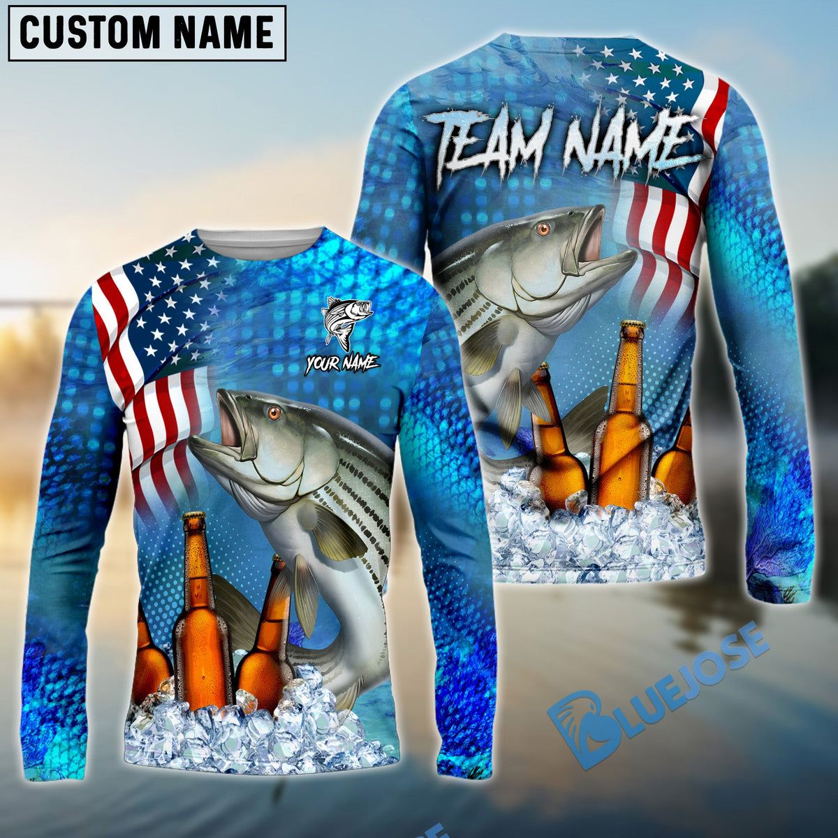 Bluejose Striped Bass Fishing Beer USA Flag Custom Name &amp; Team Name Shirts