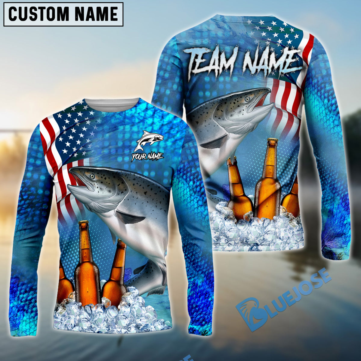 Bluejose Salmon Fishing Beer USA Flag Custom Name &amp; Team Name Shirts