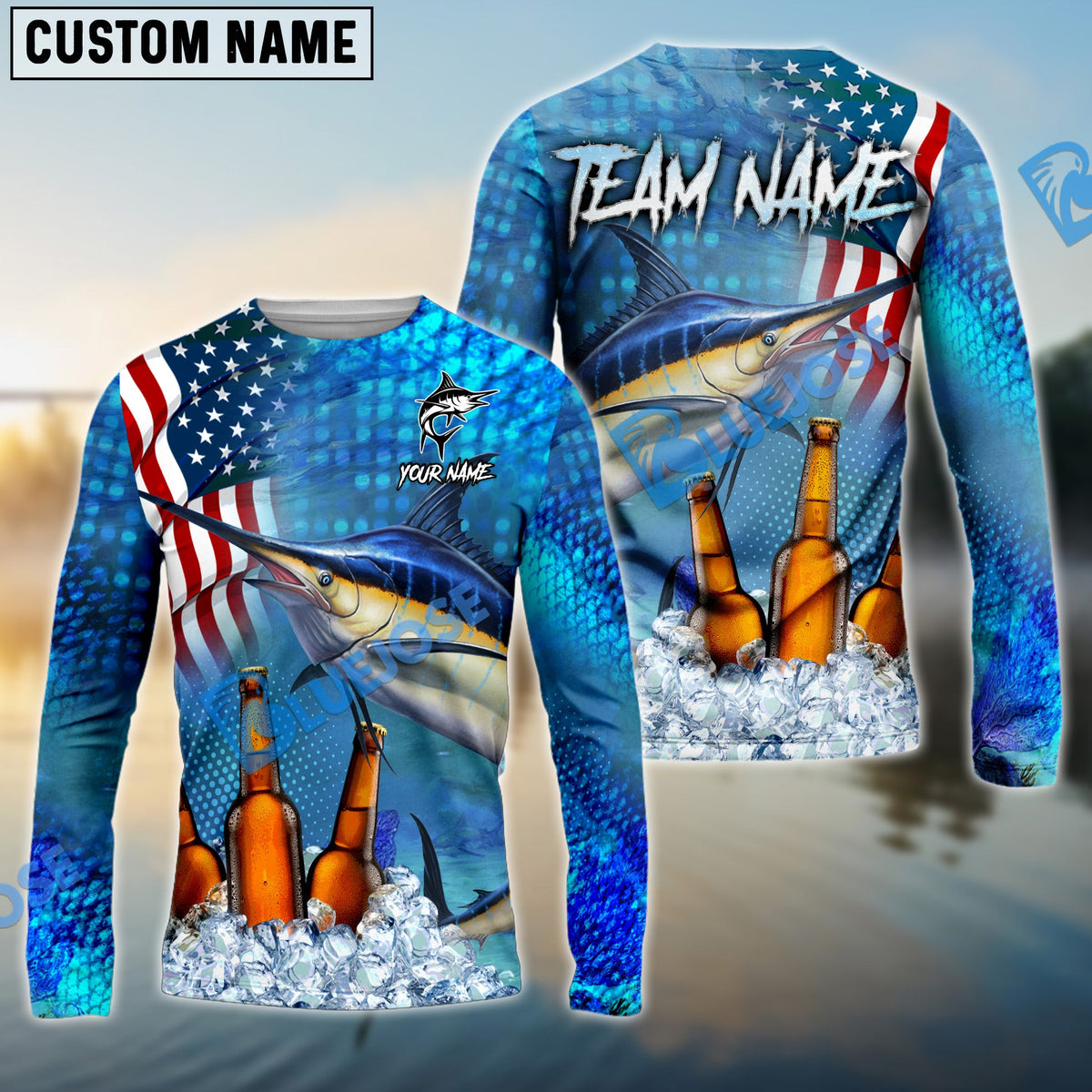 Bluejose Marlin Fishing Beer USA Flag Custom Name &amp; Team Name Shirts