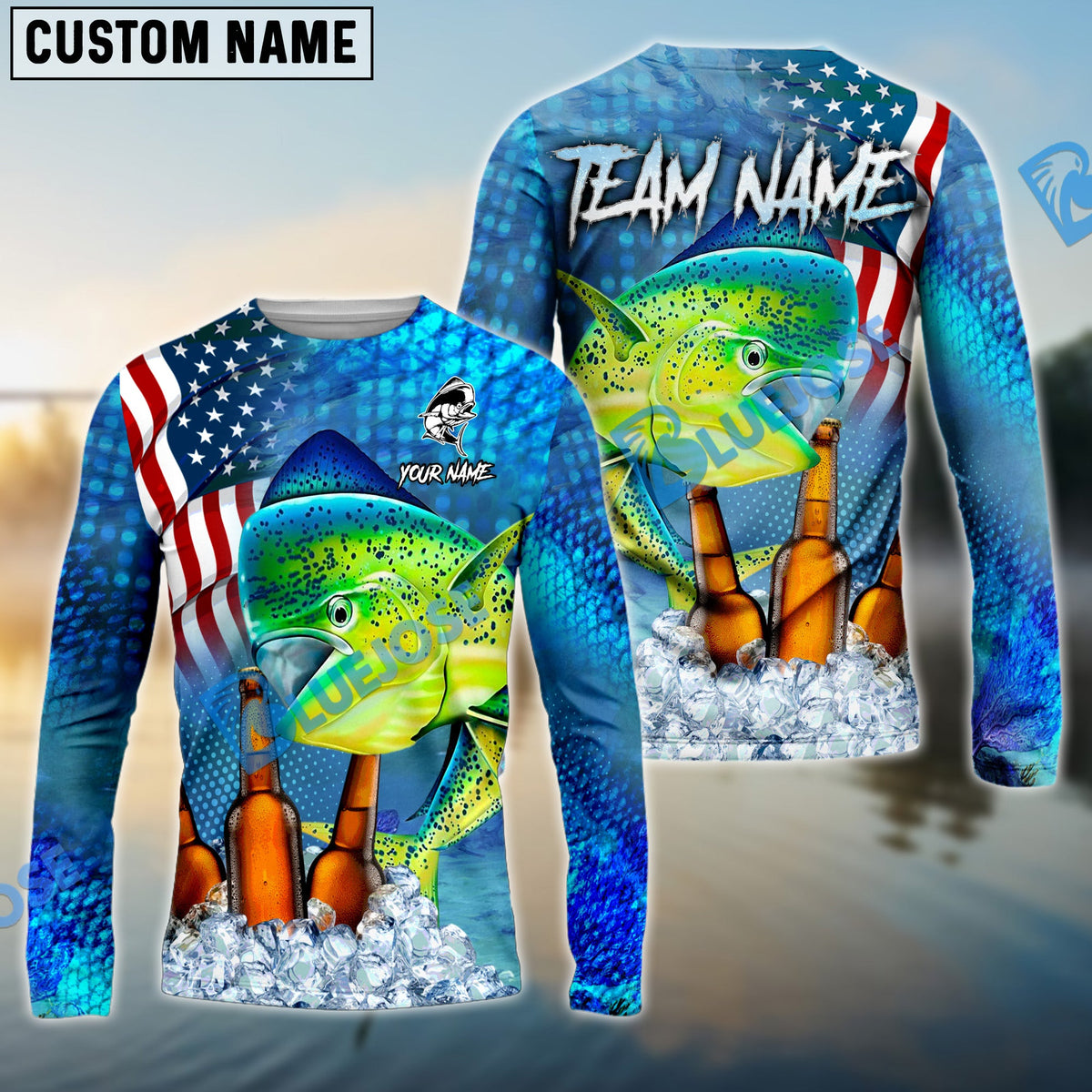 Bluejose Mahimahi Fishing Beer USA Flag Custom Name &amp; Team Name Shirts