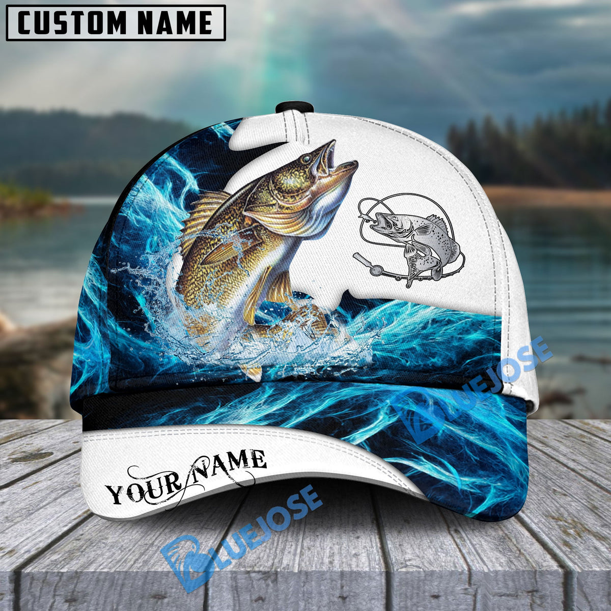 BlueJose Walleye Fishing Water &amp; White Personalized Cap