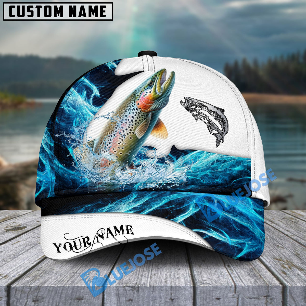 BlueJose Trout Fishing Water &amp; White Personalized Cap