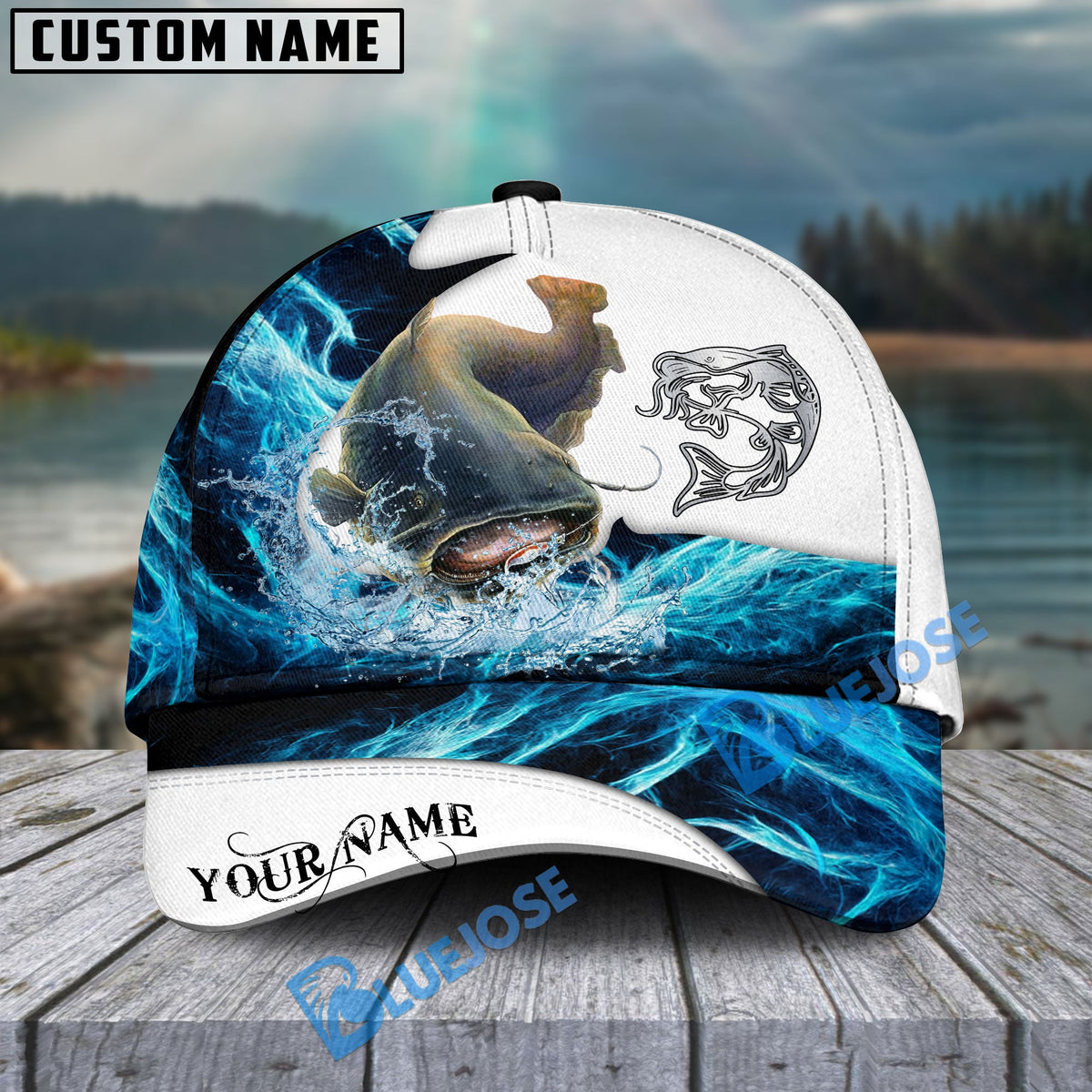 BlueJose Catfish Fishing Water &amp; White Personalized Cap
