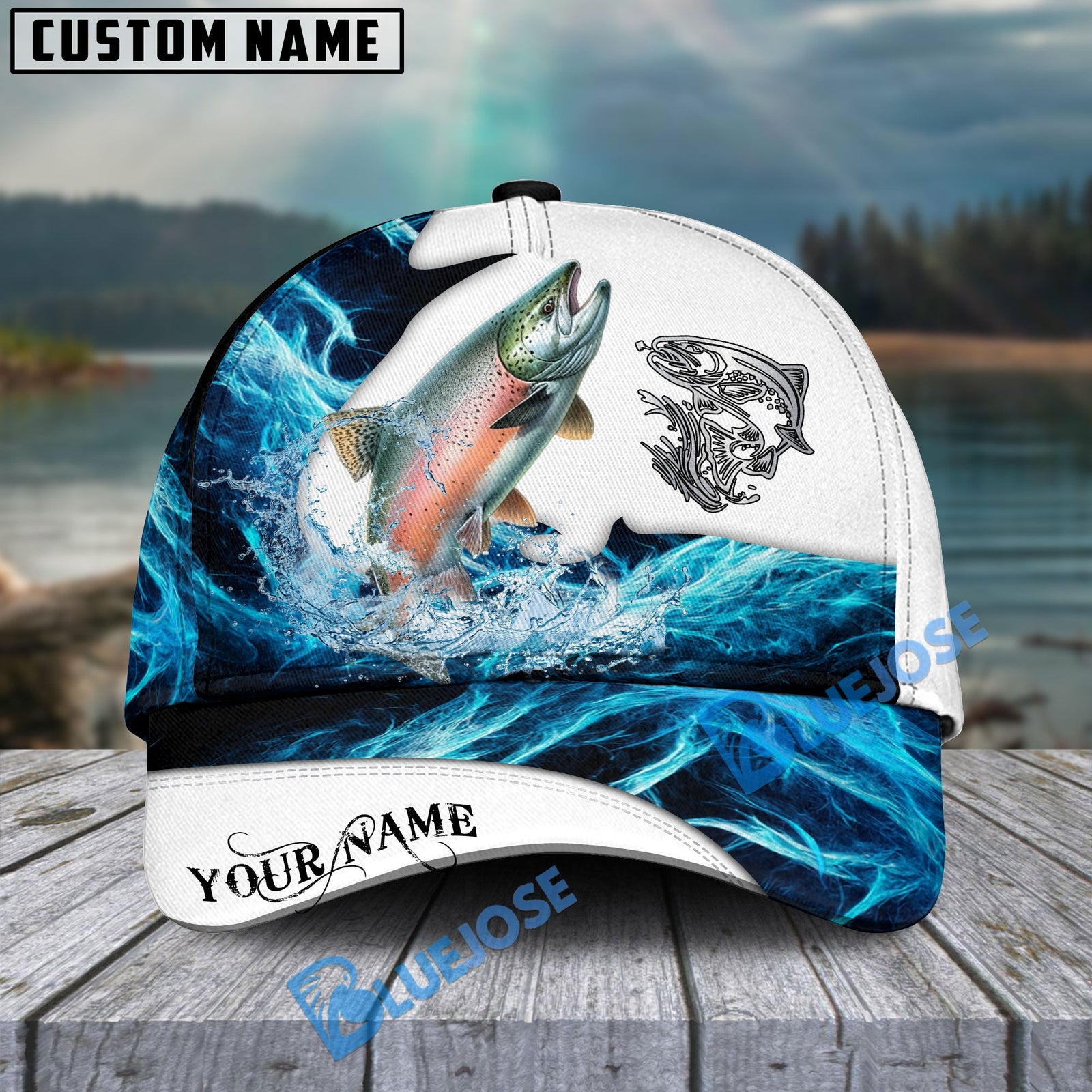 BlueJose Salmon Fishing Water & White Personalized Cap