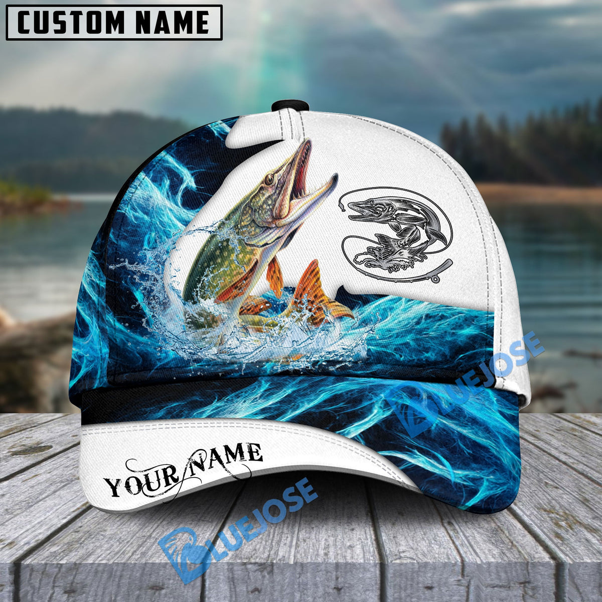 BlueJose Pike Fishing Water &amp; White Personalized Cap