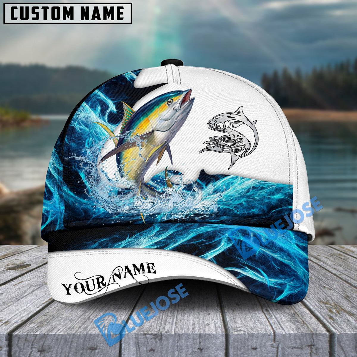 BlueJose Tuna Fishing Water &amp; White Personalized Cap