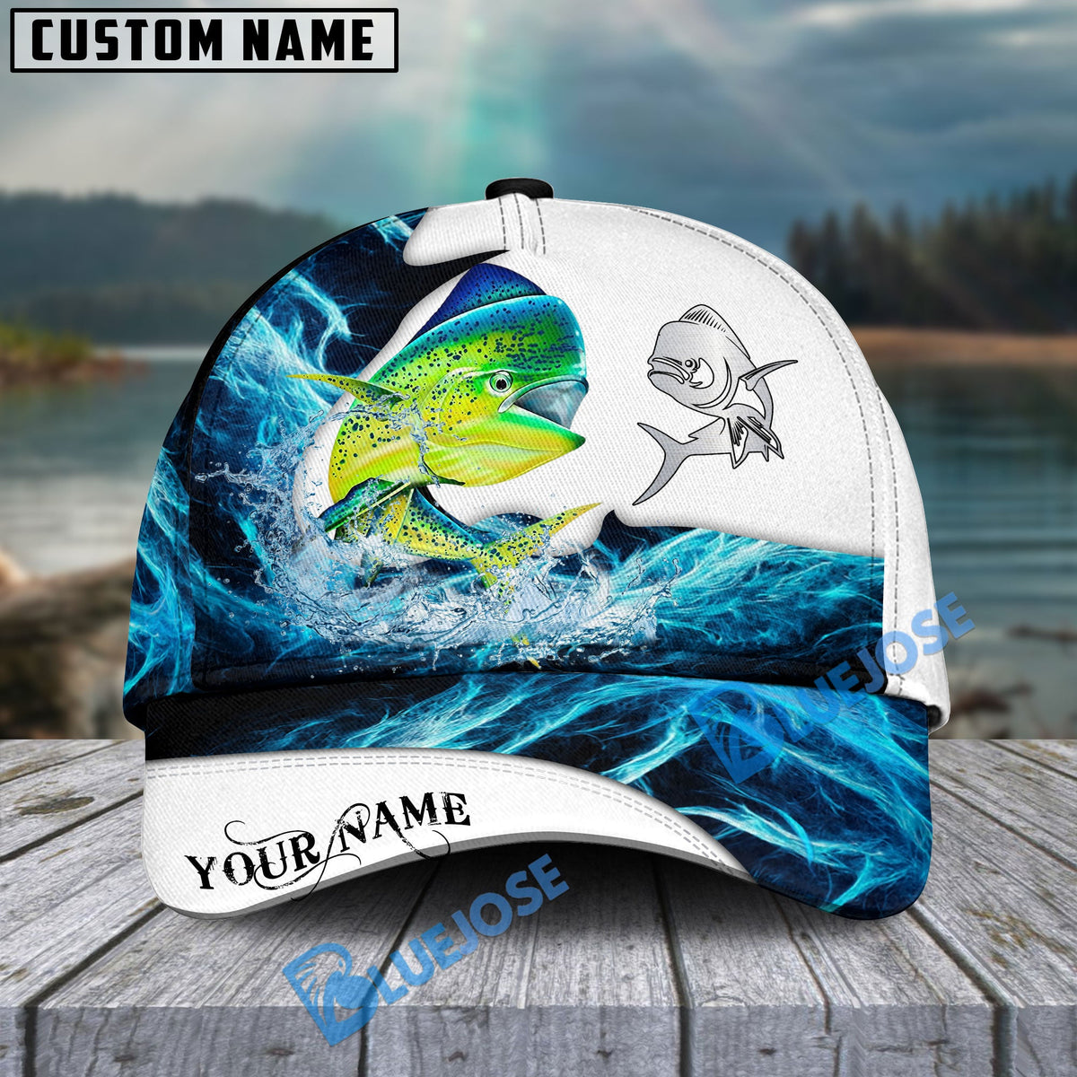 BlueJose Mahimahi Fishing Water &amp; White Personalized Cap