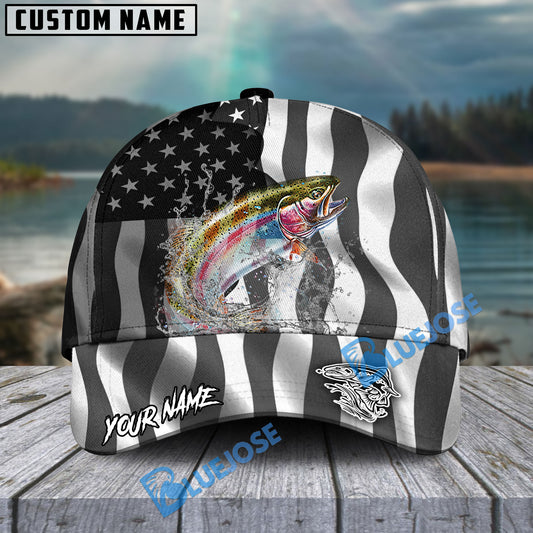 BlueJose Trout Fishing Black American Flag Sport Personalized Cap