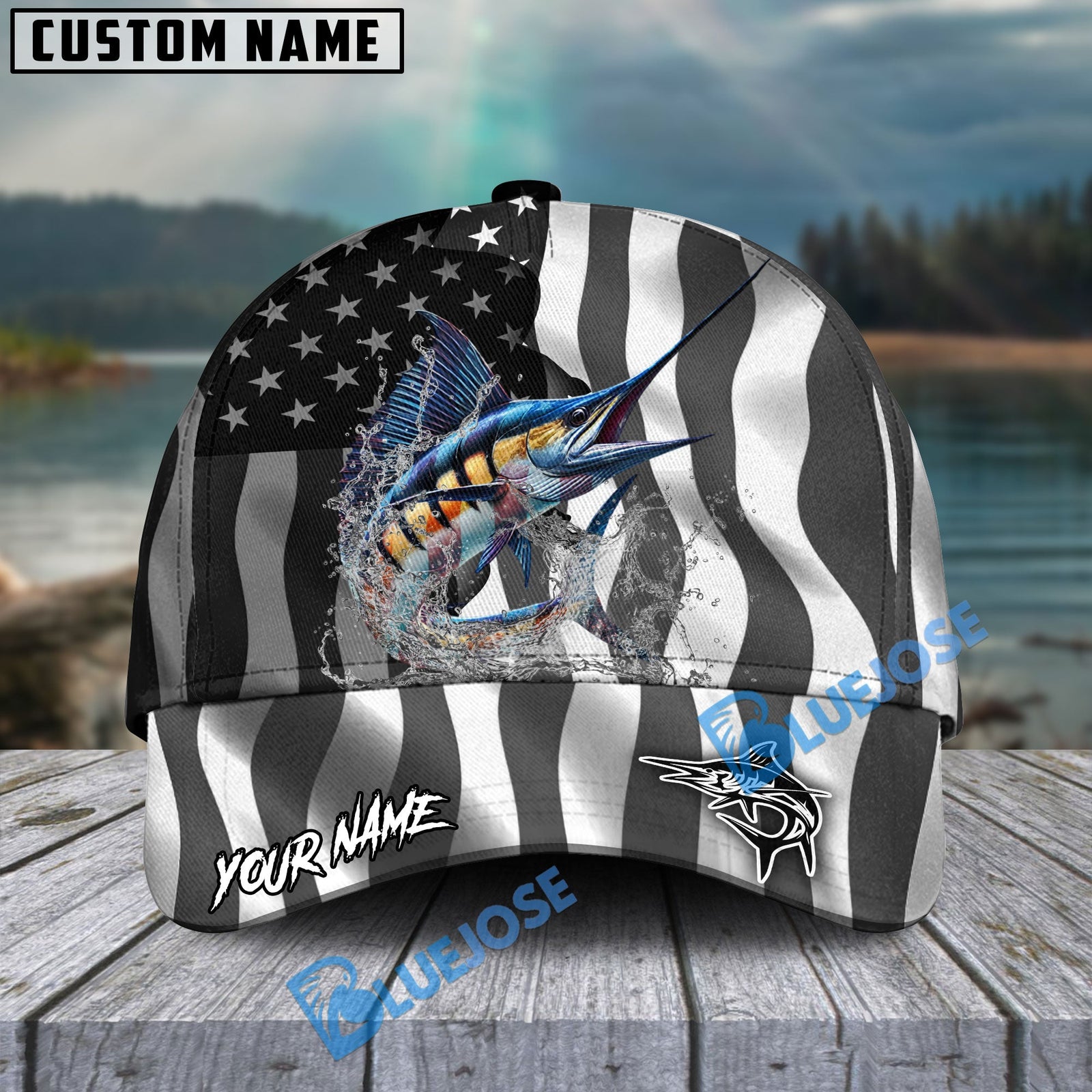 BlueJose Marlin Fishing Black American Flag Sport Personalized Cap