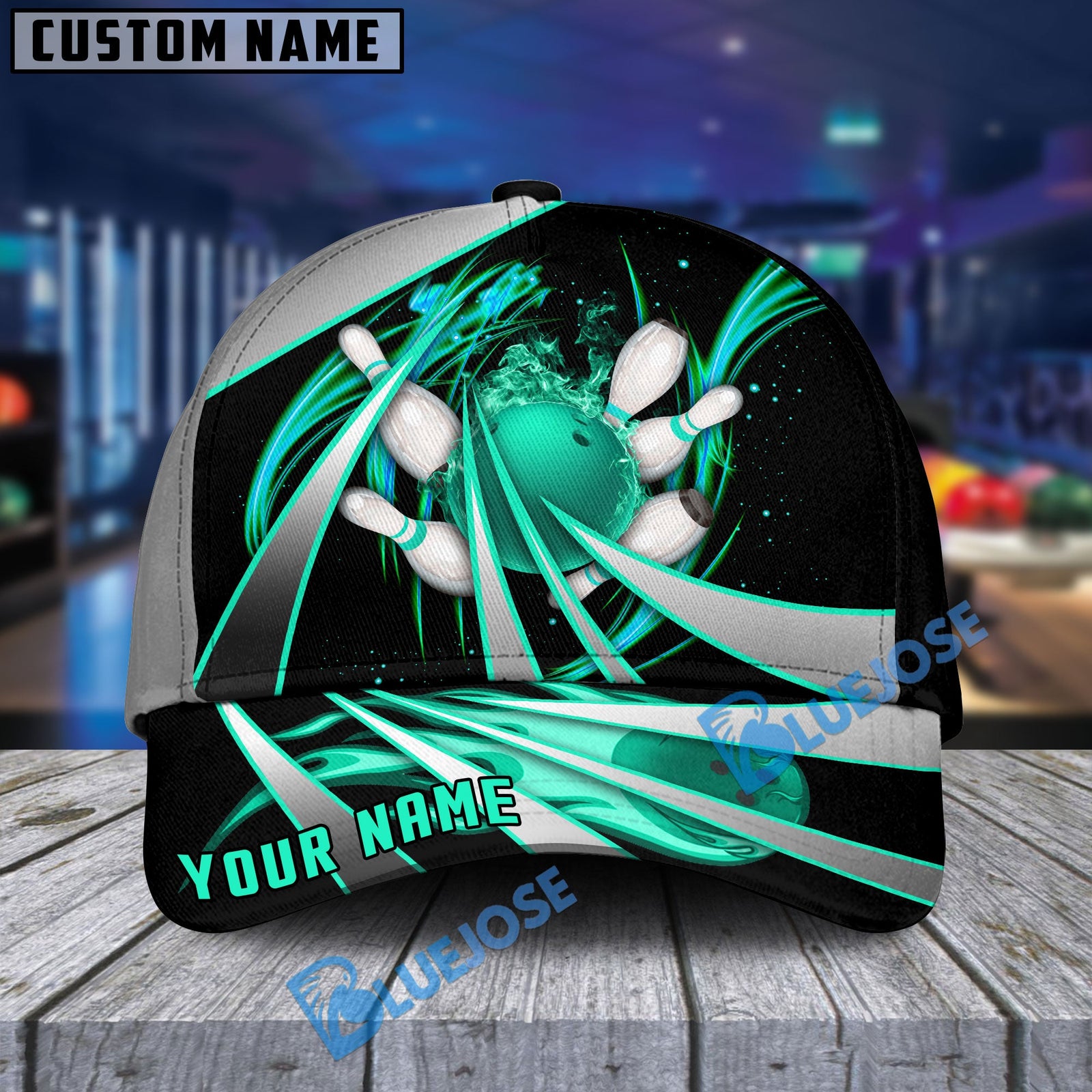 BlueJoses Flame Bowling And Pins Tornado Pattern Multicolor Personalized Name Cap