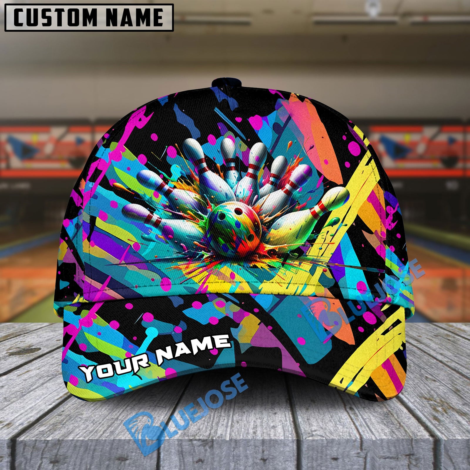 BlueJose Bowling Graffiti Splash Paint Personalized Name Cap
