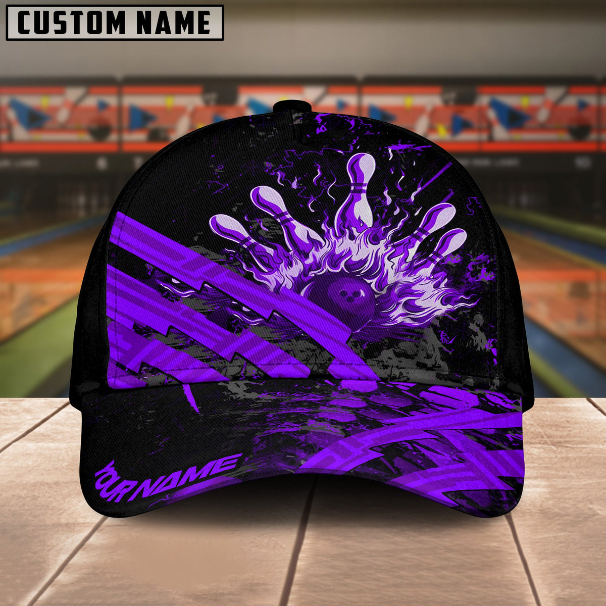 BlueJoses Bowling And Pins Grunge Flame Multicolor Personalized Name Cap