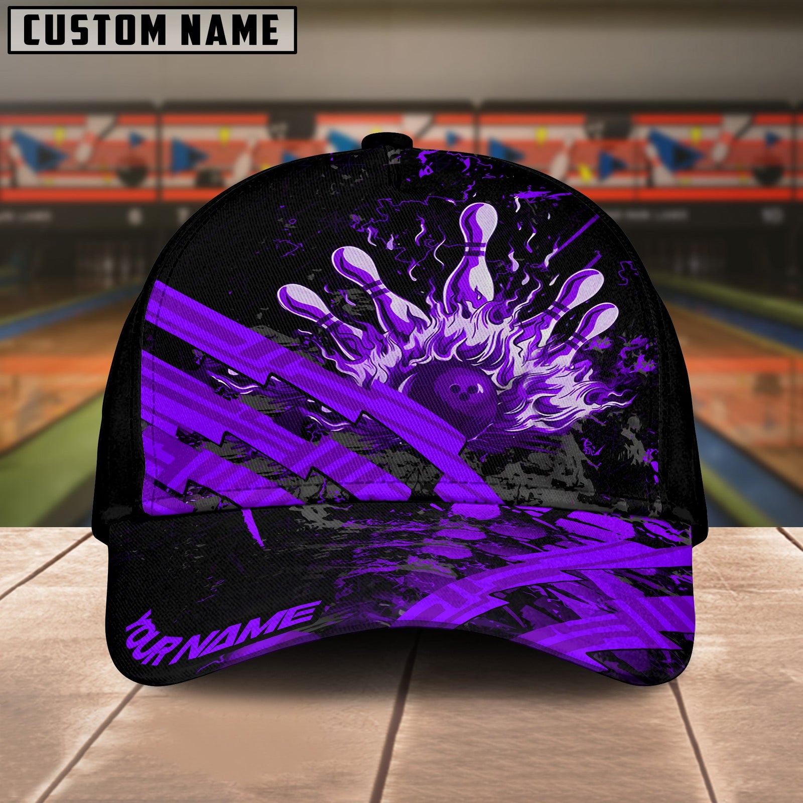 BlueJoses Bowling And Pins Grunge Flame Multicolor Personalized Name Cap