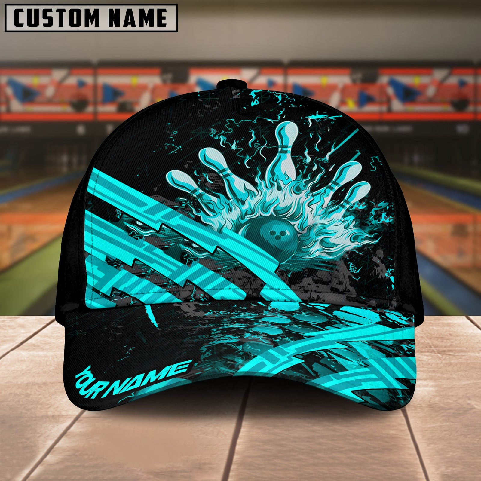 BlueJoses Bowling And Pins Grunge Flame Multicolor Personalized Name Cap