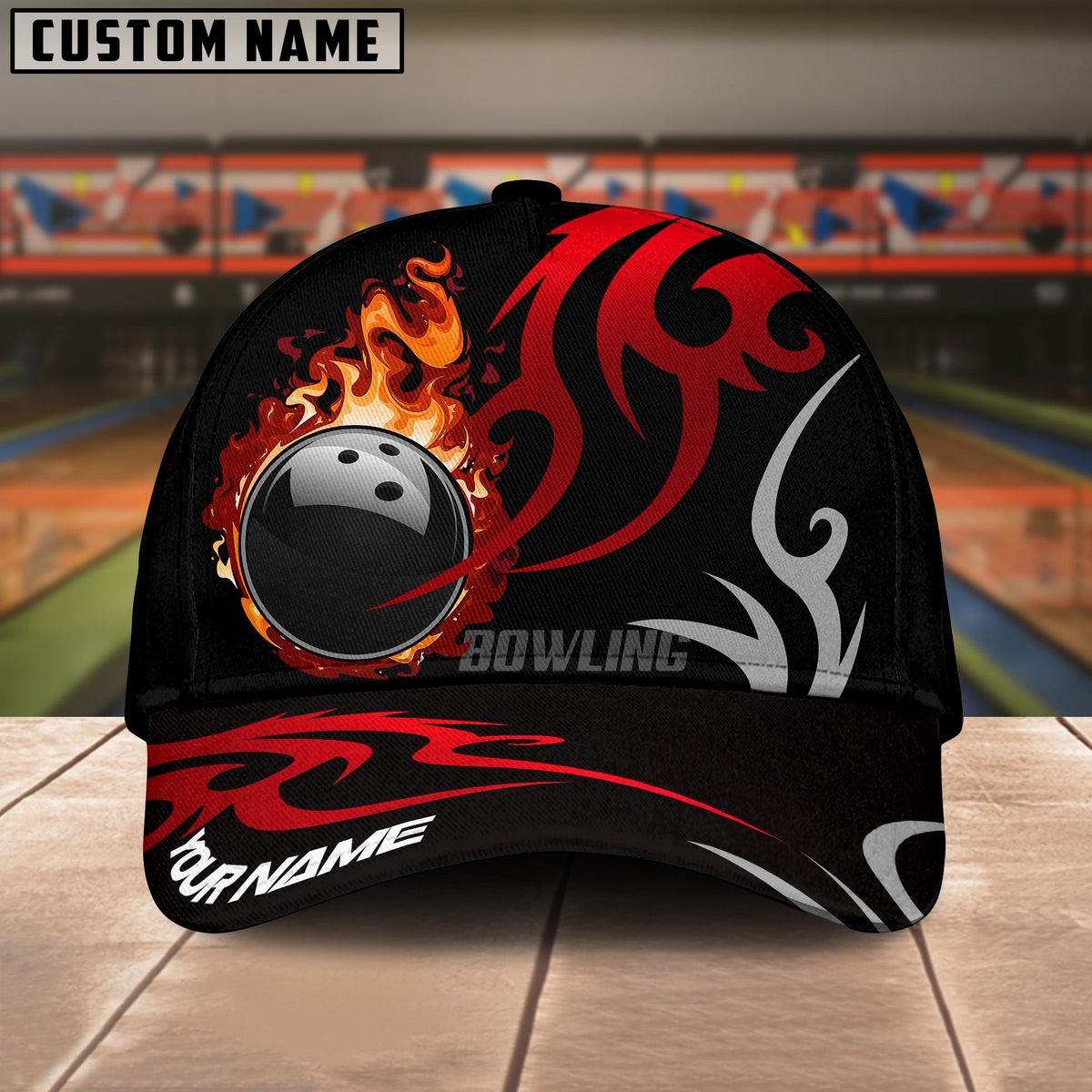 BlueJoses Bowling And Pins Flame Premium Pattern Multicolor Personalized Name Cap
