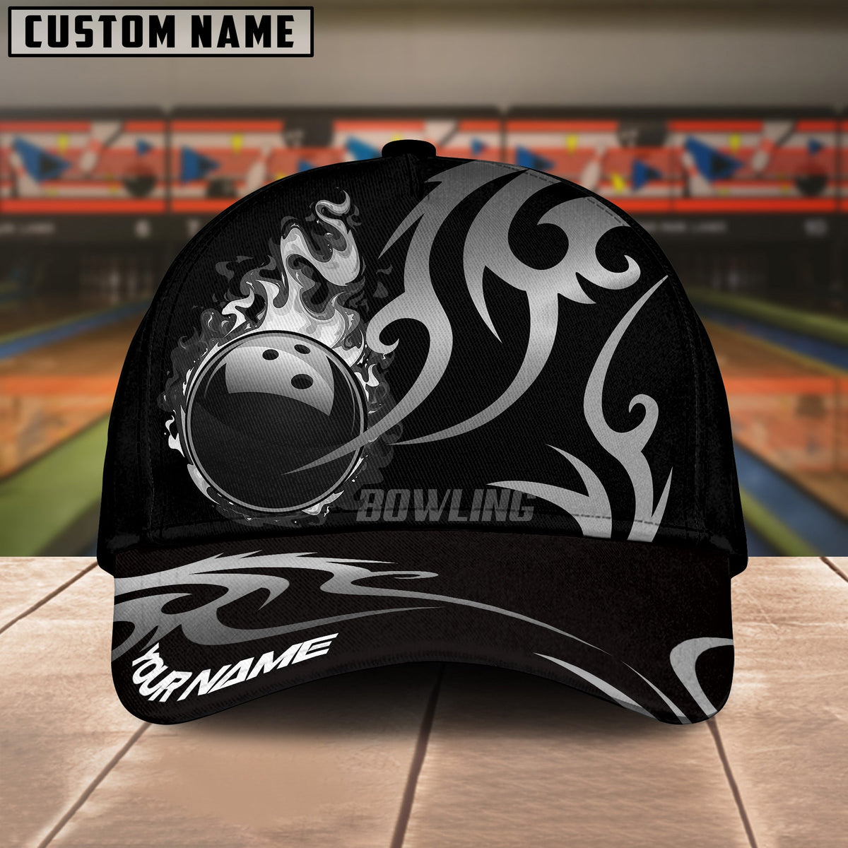 BlueJoses Bowling And Pins Flame Premium Pattern Multicolor Personalized Name Cap