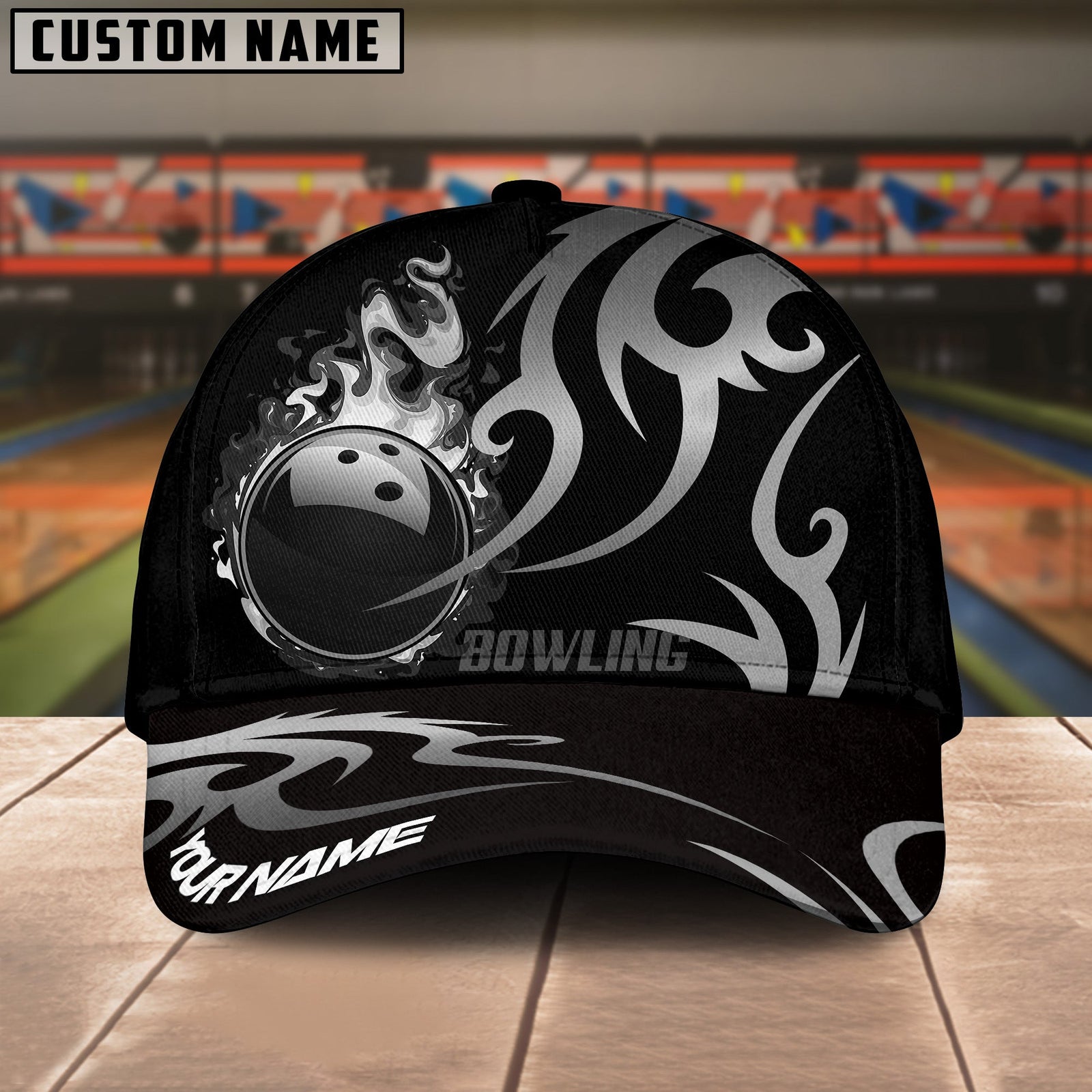 BlueJoses Bowling And Pins Flame Premium Pattern Multicolor Personalized Name Cap