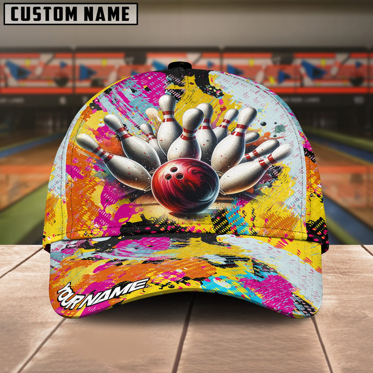 BlueJose Bowling Graffiti Yellow Personalized Name Cap
