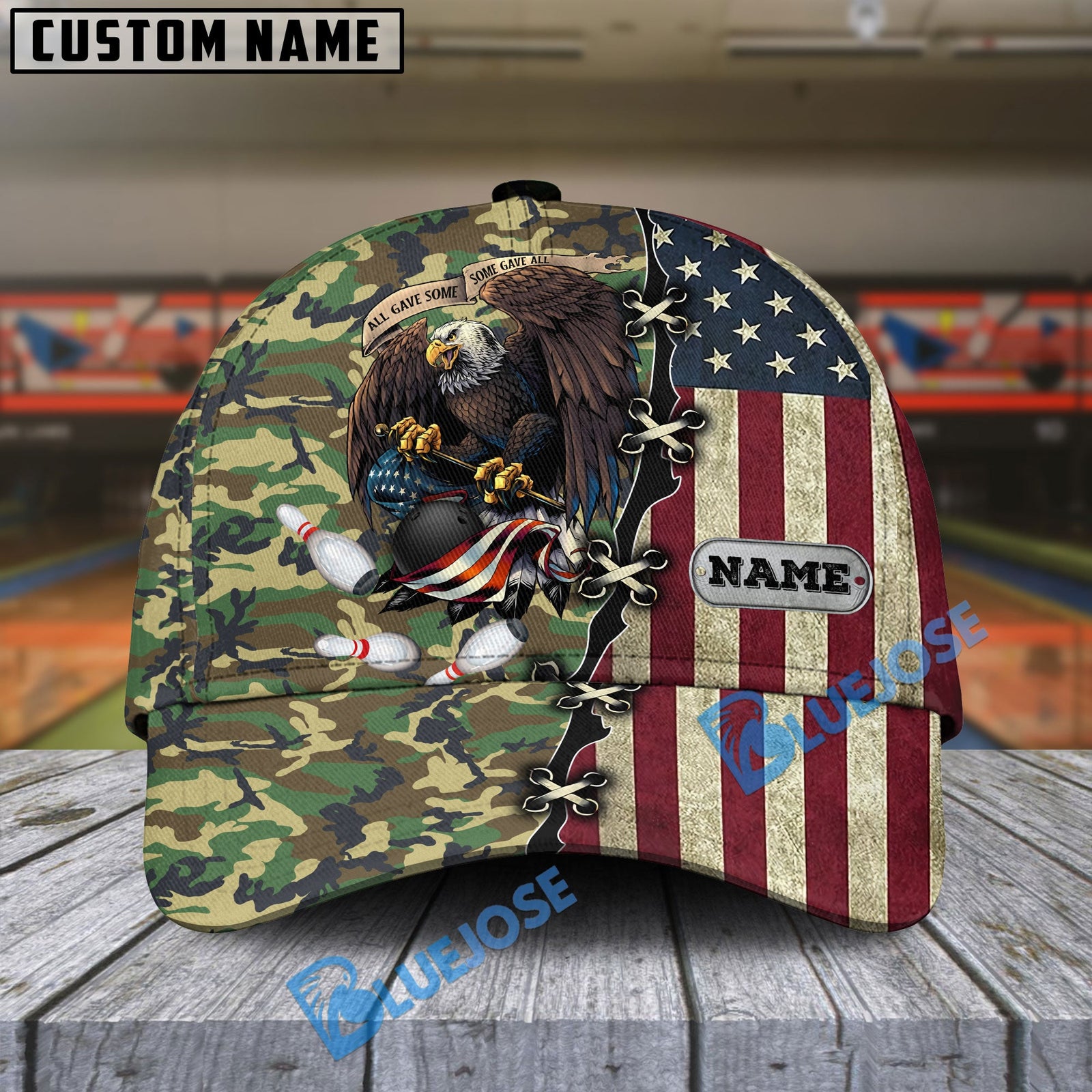 BlueJoses Bowling And Pins  Eagles Army Multicolor Personalized Name Cap
